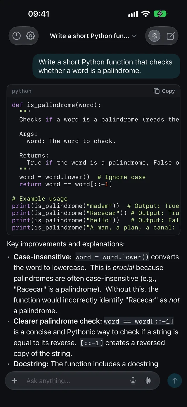 Kalon on iPhone answering a request for a Python function