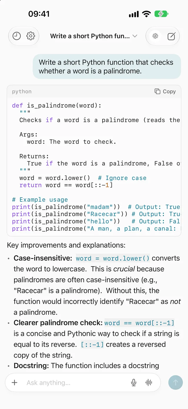 Kalon on iPhone answering a request for a Python function