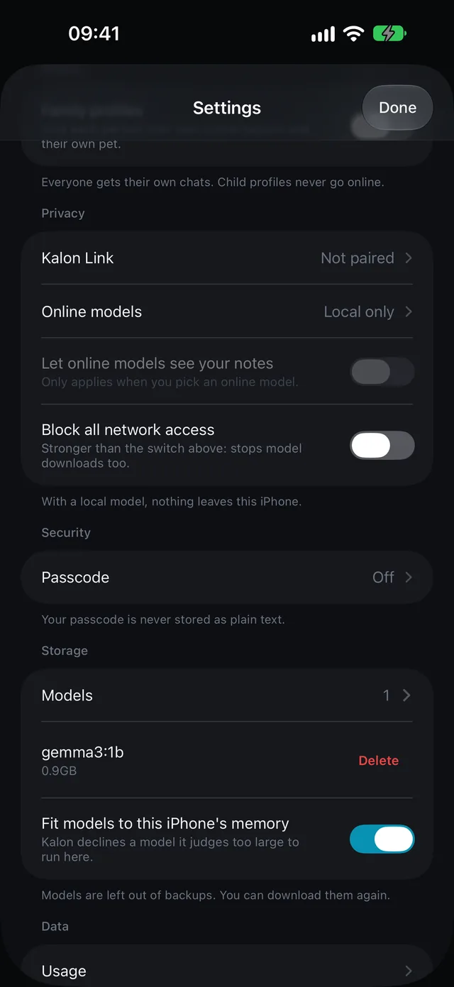 Kalon's privacy settings on iPhone