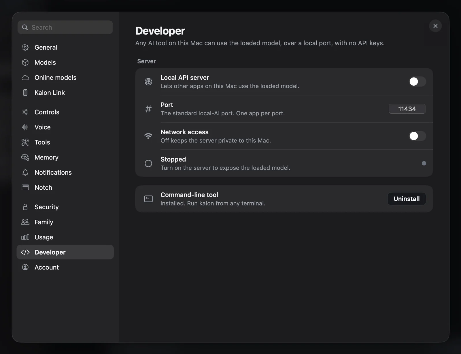 Kalon's Developer settings on the Mac: a local API server on port 11434