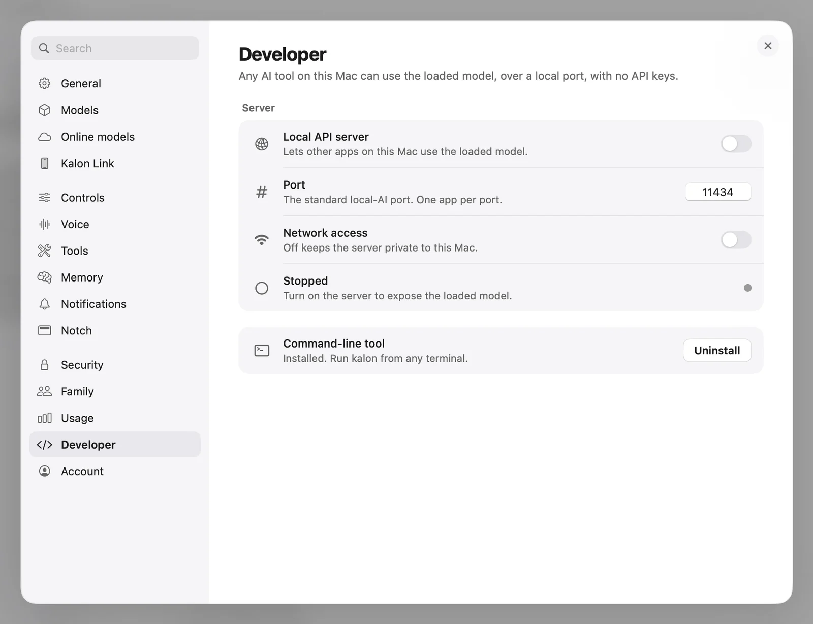 Kalon's Developer settings on the Mac: a local API server on port 11434