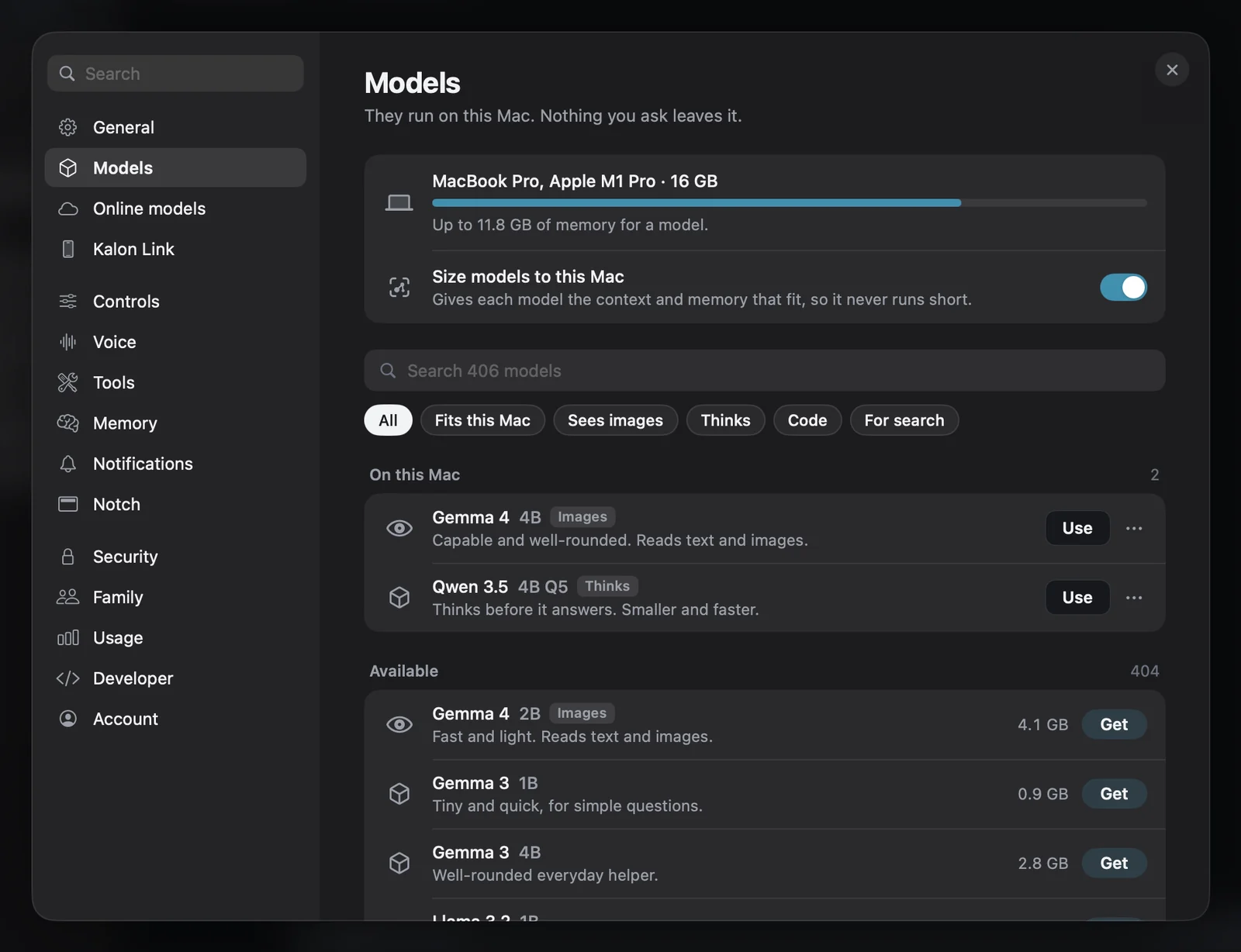 Kalon's Models settings on the Mac, sizing models to 16 GB of unified memory