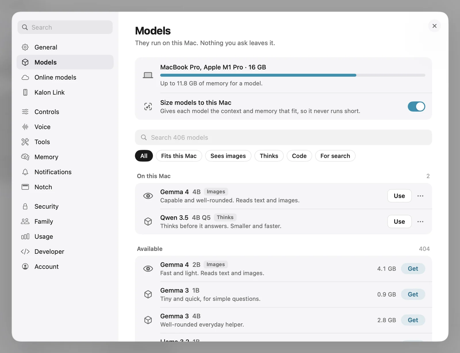 Kalon's Models settings on the Mac, sizing models to 16 GB of unified memory