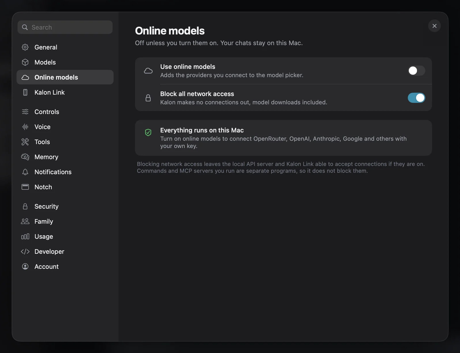 Kalon's Online models settings with Block all network access switched on