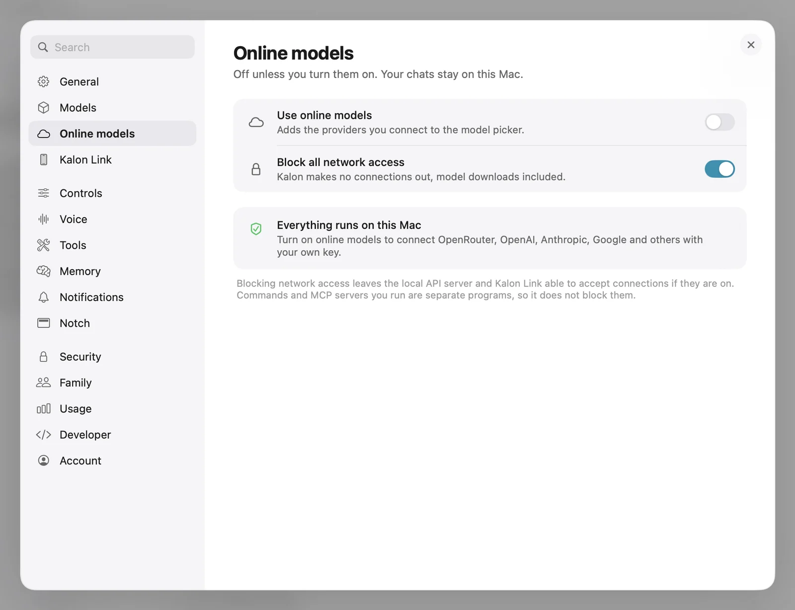 Kalon's Online models settings with Block all network access switched on