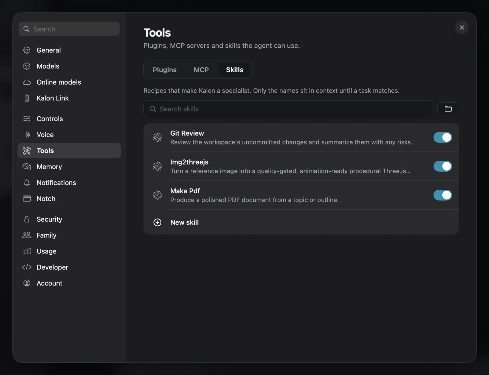 Kalon's Tools settings on the Mac, listing three skills