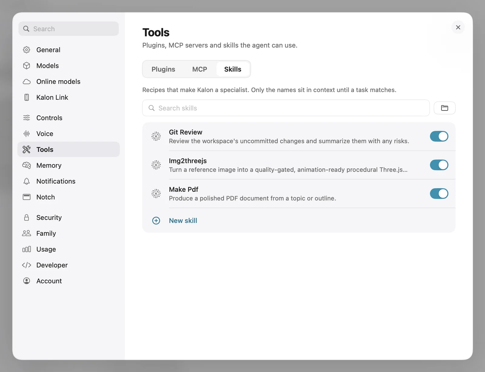 Kalon's Tools settings on the Mac, listing three skills